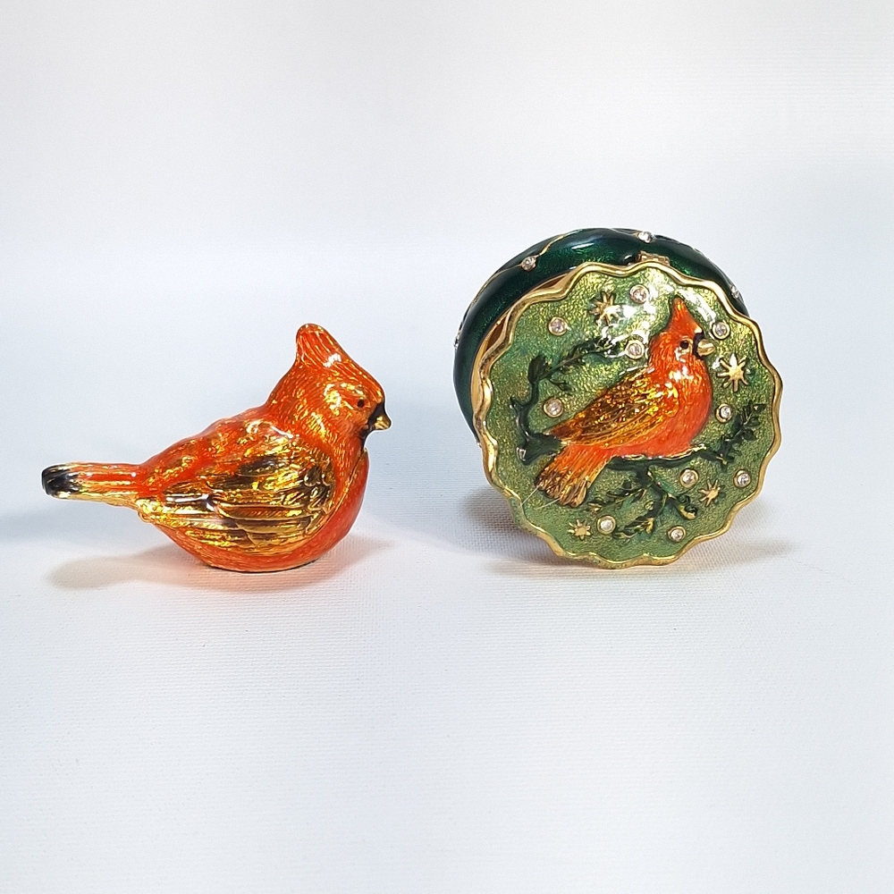 Enameled Gold Tone Crystals Bird Trinket Box Matching Set 2
